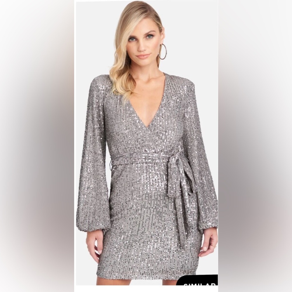 Bebe Sequin Tie Front Dress In Silver color. Size M